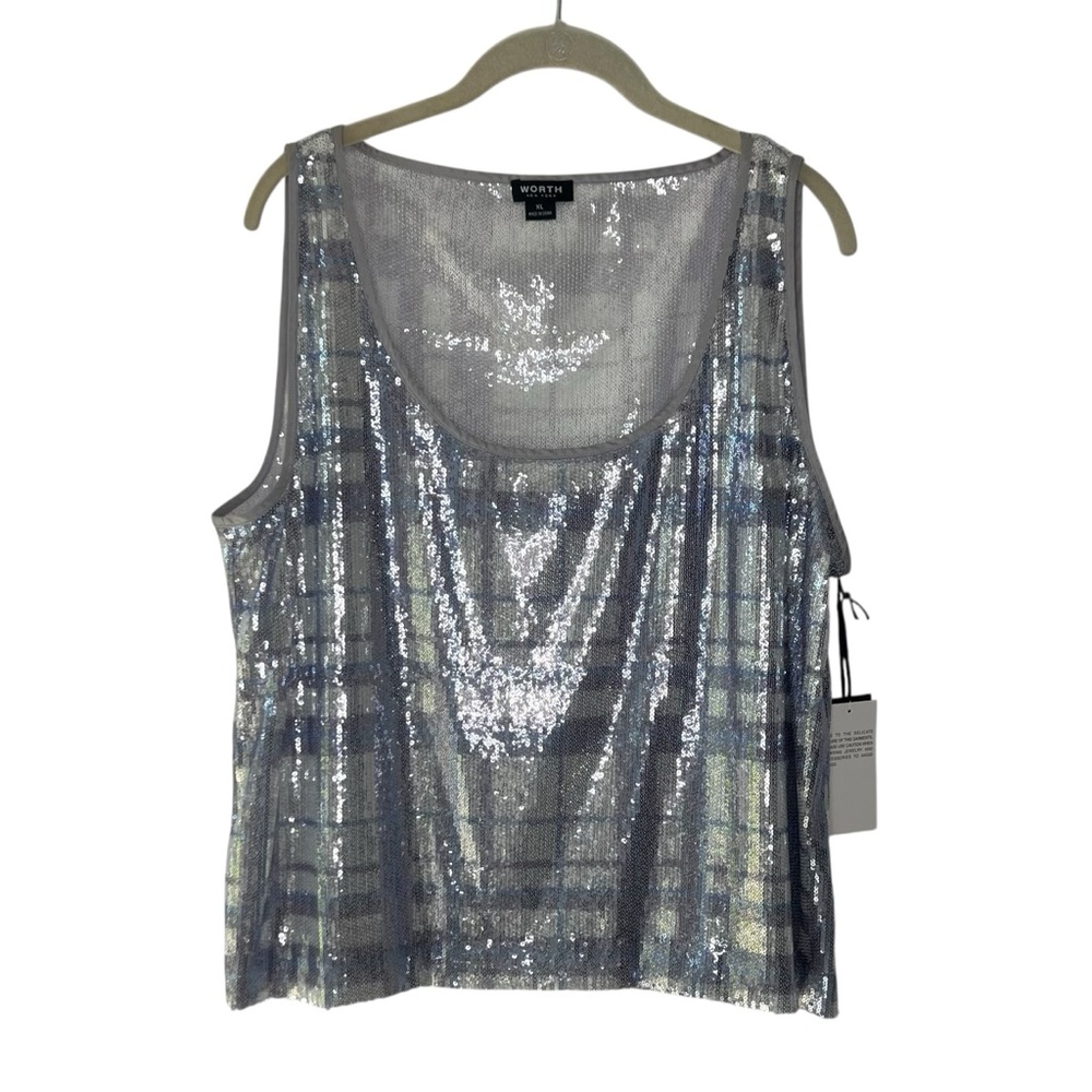Worth Sequin Silver Tank Top scoop neck silver grey stripe Sz XL NWT